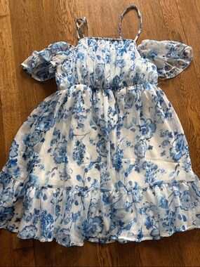 Girls White & Blue Floral Off-Shoulder Sundress